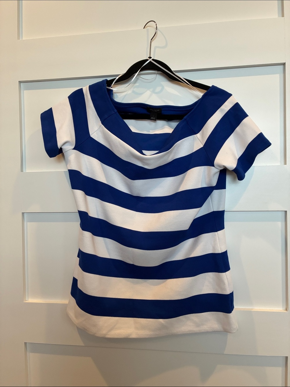 Ann Taylor Striped Blue and White Short-Sleeve Scoop Neck Top